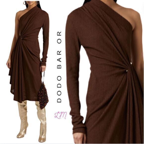Dodo Bar Or One Shoulder Ribbed Dress Dark Brown Asymmetric Elegant Size 6 IT 42 - Picture 1 of 11